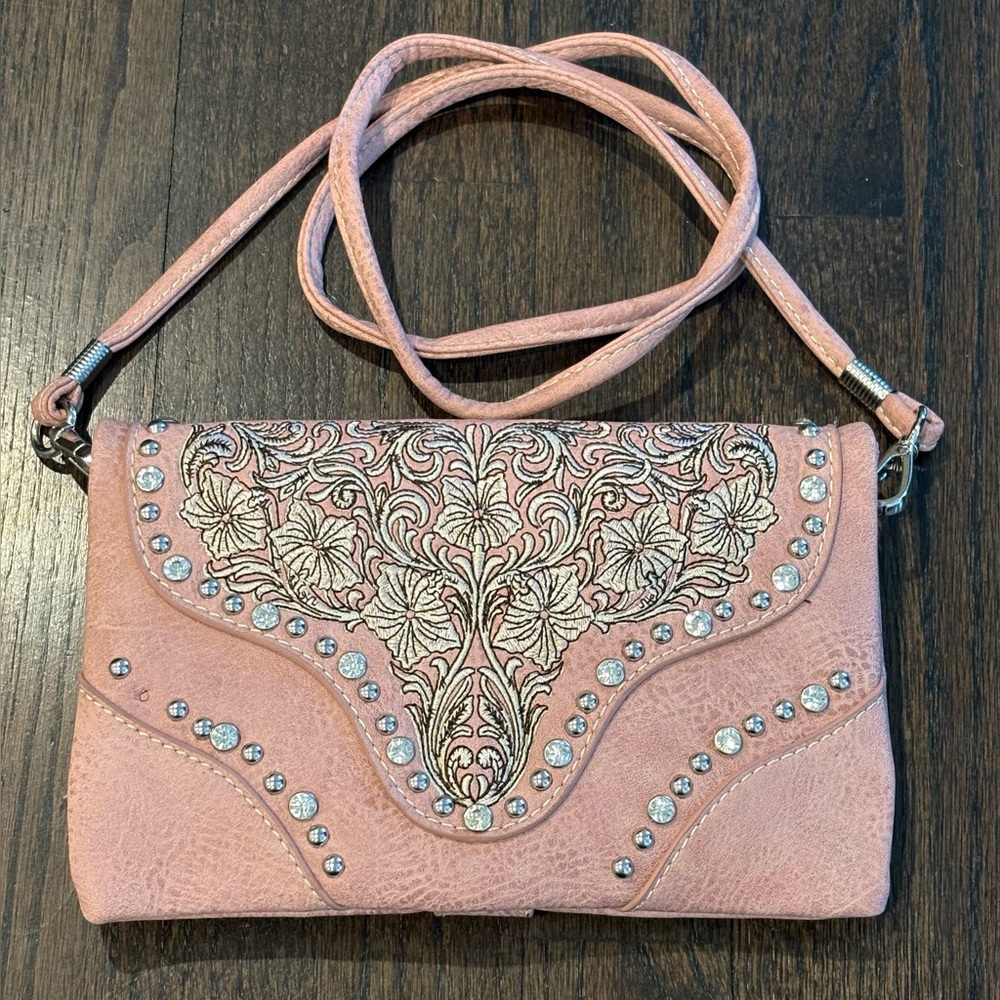 Montana West American Bling Pink Tooled Floral Rhinestone Studded Crossbody